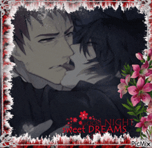 a picture of a man kissing another man with the words good night sweet dreams