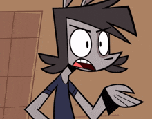 a cartoon character with a surprised look on his face is wearing a blue shirt
