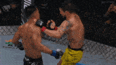 two fighters are fighting in a cage and one of them is wearing shorts that say silva