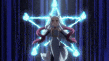a girl in a white dress is standing in front of a star