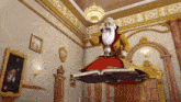 a cartoon character with a beard is flying through the air while sitting on a book .
