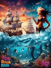 a painting of a mermaid in the ocean with a ship in the background and the words rock forever