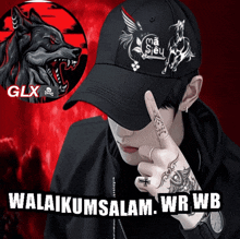 a man wearing a black hat with a horse and a wolf on it