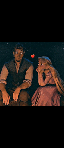 a man and a woman from tangled are sitting next to each other with a heart above them
