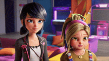 two cartoon girls are standing next to each other in a room with a video game machine in the background .