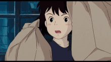 a girl with a surprised look on her face is hiding behind a blanket