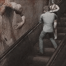 a man is carrying a woman up the stairs in a video game while a zombie is hanging from a wall .