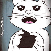 a cartoon of a cat holding a black object with maybe the token written below it