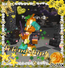a picture of a minecraft character with the words " friendship " written on it