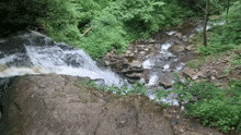 a waterfall is surrounded by trees and rocks in a lush green forest
