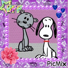 snoopy and a cat are sitting next to each other in a purple frame