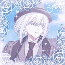 a boy with white hair and a hat is surrounded by roses and diamonds