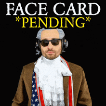 a man wearing sunglasses and headphones is standing in front of a sign that says face card pending