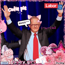 a man in a suit and tie is surrounded by pink flowers and a labor sign