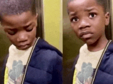 a young boy in an elevator is making a funny face .