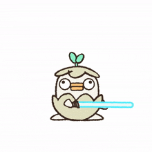 a cartoon drawing of a bird with a light saber in its mouth