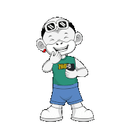 a cartoon character wearing a green shirt that says zhou on it