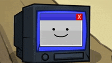 a computer monitor with a smiley face and a red x on the screen