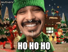 a man wearing a green hat and sweater says ho ho ho in front of a christmas scene