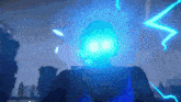 a person is standing in front of a lightning bolt with a blue light shining on their face .