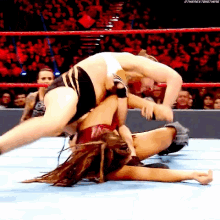two women are wrestling in a ring with a crowd in the background .