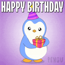 a penguin wearing a party hat is holding a gift box and wishing someone happy birthday