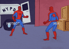 a cartoon of spider-man pointing at another spider-man with the words notbot mia written on the bottom