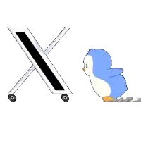 a penguin is standing next to a letter x