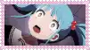 a close up of a blue haired anime girl with a surprised look on her face in a pink frame .