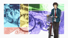 a man in a suit and tie is standing next to a red bicycle