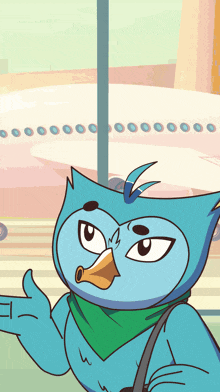 a cartoon owl with a green scarf around its neck stands in front of an airplane