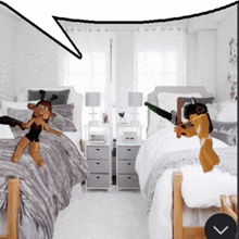 a room with two beds and a speech bubble that says " do n't look "