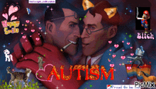 a picture of two men hugging with the word autism in red
