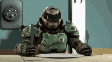 a video game character is sitting at a table with a knife and fork in his hand .