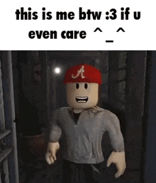 a roblox character wearing a red hat and a jacket is standing in a room .