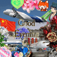 a collage of flowers and planes with the words good evening