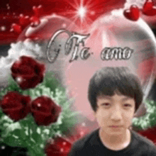 a young boy is standing in front of a heart surrounded by roses and hearts .