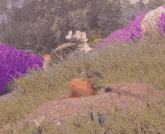 a cartoon character is standing on a rock in a field of flowers .
