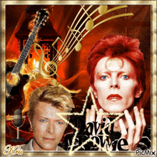 a picture of david bowie with a guitar and music notes behind him