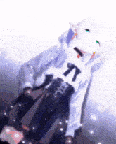 a girl with white hair is wearing a white shirt with the letter t on it