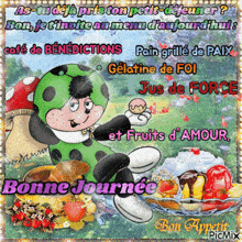 a picture of a ladybug holding an ice cream cone with the words " bonne journee " on the bottom