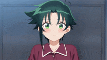 a girl with green hair is wearing a purple shirt