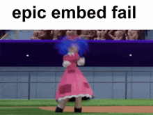 a girl in a pink dress dancing on a baseball field with the words epic embed fail above her