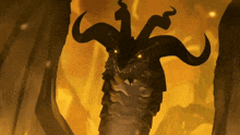 a cartoon drawing of a dragon with horns and glowing yellow eyes