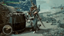 a screenshot of a video game shows a man holding a sword and a barrel