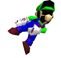 a cartoon character with blood on his pants and a green hat