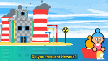 a pixel art drawing of a building with the words do you frequent nevada below it