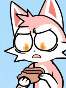 a cartoon cat is holding a hot dog with a surprised look on his face