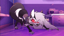 a cartoon drawing of a wolf with red eyes and red teeth