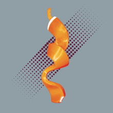 an orange swirl with halftone dots on a blue background